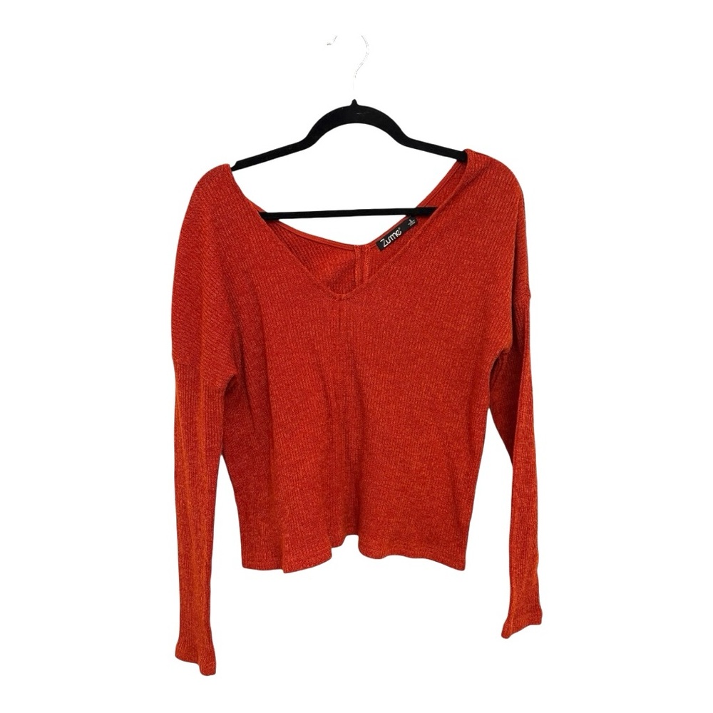 Zume Burnt Orange Ribbed V-Neck Sweater | Cozy Soft Knit Small